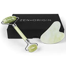 Jade Roller and Gua Sha Set - 100% Natural Jade Stone Face Roller, Dual Sided Massage Roller Stimulates Blood Flow, Relieves Stress, Reduces Signs of Aging, Travel Pouch Included, Gift Box ZEN + ORIGIN
