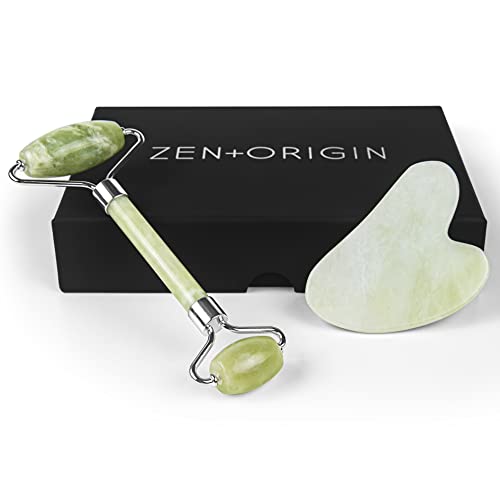 Jade Roller and Gua Sha Set - 100% Natural Jade Stone Face Roller, Dual Sided Massage Roller Stimulates Blood Flow, Relieves Stress, Reduces Signs of Aging, Travel Pouch Included, Gift Box ZEN + ORIGIN