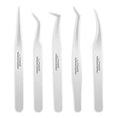 LANKIZ Eyelash Extension Tweezers Set 5 PCS for Volume Lash Extensions Stainless Steel Straight and Curved Tips Eyelash Tweezers for Extensions Isolation Fanning Applicator -Silver LK LANKIZ