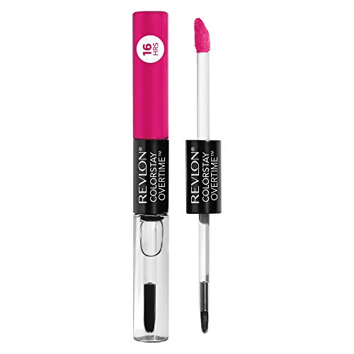 Revlon ColorStay Overtime Lipcolor, Dual Ended Longwearing Liquid Lipstick with Clear Lip Gloss, with Vitamin E in Pink, All Night Fuchsia (470), 0.07 oz REVLON