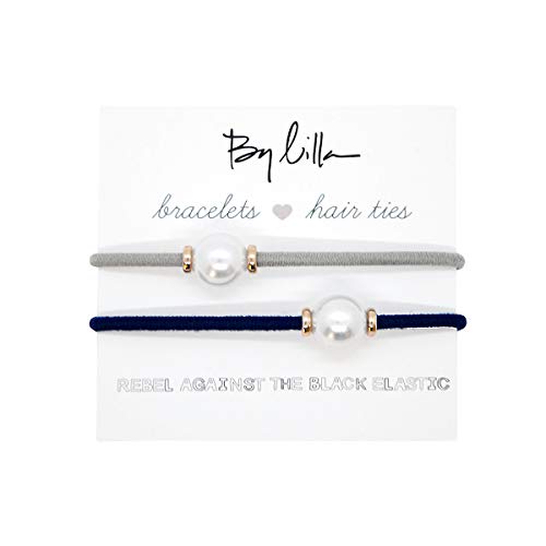By Lilla Halo Elastic Hair Ties and Bracelets | Set of Two Hair Tie-Bracelets | Hair Accessories for Women | No Crease Hair Ties & Women’s Bracelets | Gold (Silver/Navy) By Lilla
