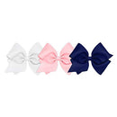 Wee Ones Girls' Mini King Bow 3 pc Set Solid Grosgrain Variety Pack on a WeeStay No-Slip Hair Clip - White, Light Pink, and Light Navy Wee Ones