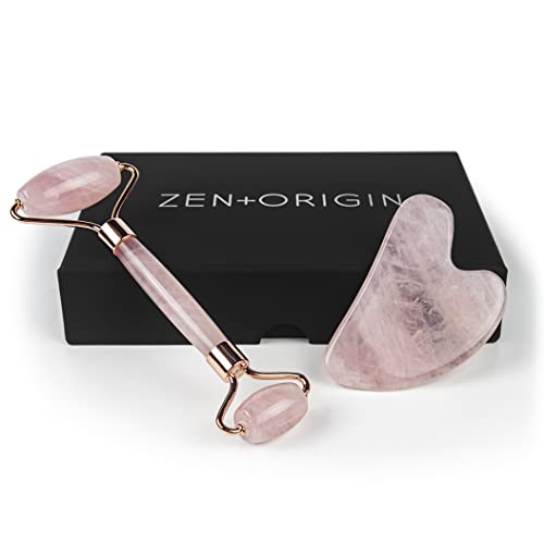 Rose Quartz Roller and Gua Sha Set, 100% Natural Rose Quartz Stone Face Roller, Anti-Wrinkle Anti-Aging Skin Care Tool, Facial Roller, Face Massager for Skin Firming and Stress Relief, Rose Gold ZEN + ORIGIN