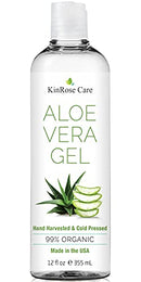 NEW 12oz Organic Aloe Vera Gel for Face, Skin, Hair & Sunburn Relief - by KinRose Care - From 100 Percent Pure Aloe Vera - Cold Pressed, Vegan, Unscented - Made in USA Seven Minerals