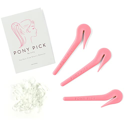 THE PONY PICK By Lolly - Hair Elastic Rubber Bands Cutter - Elastic Hair Band Remover - Pain Free - Easy Removal - 3 Pack of Pink Pony Picks & 50 Clear Elastics, Easy Grip Tools & Accessories The Pony Pick