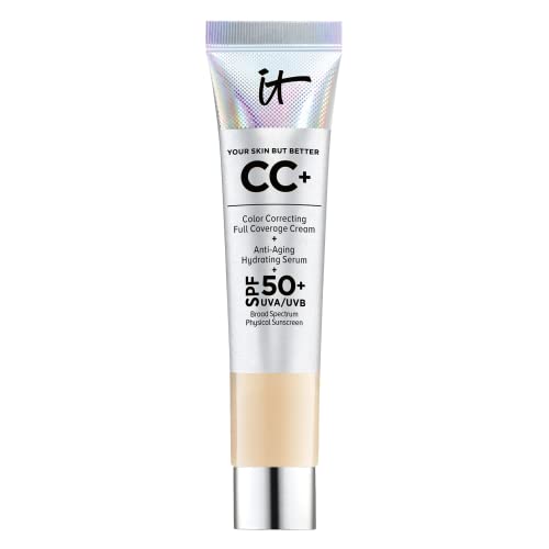 IT Cosmetics Your Skin But Better CC+ Cream Travel Size, Light (W) - Color Correcting Cream, Full-Coverage Foundation, Hydrating Serum & SPF 50+ Sunscreen - Natural Finish - 0.406 fl oz It Cosmetics