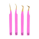 M LASH Set Of 4 Diamond Grip Eyelash Extensions Tweezers V2 - Japanese Steel Lash Supply (Pink) M