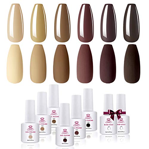 Makartt Gel Nail Polish Kit - 6 Brown Gel Polish Kit Chocolate Gel Nail Kit Glossy Base Coat Top Coat Autumn Winter Nail Polish 8ML Soak Off UV Nail Gel Fall Gel Polish Gift for Women Beauty Gift Sets Makartt