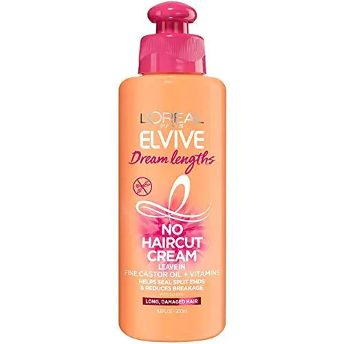 L’Oreal Paris Elvive Dream Lengths No Haircut Cream Leave in Conditioner With Fine Castor Oil and Vitamins B3 and B5 for Long, Damaged Hair, Helps Seal Split Ends and Reduces Breakage With System 6.8 FL; Oz L'Oreal Paris