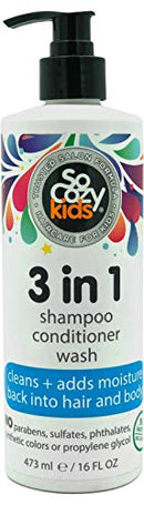 SoCozy 3in1 Shampoo + Conditioner + Body Wash For Kids Hair Cleans and Adds Moisture Back, Kiwi, 16 Fl Oz SoCozy