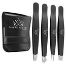 Tweezers Set 4-piece-Stainless Steel Slant Tip + Sharp Pointed Eyebrow Tweezer Set-Precision Facial Hair Removal ,Eyebrow Hair,Splinter,Blackhead,Ingrown Hair/Tick Remover-Ends Meet Perfect Majestic Bombay