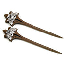 Brown Wooden Hairsticks with Silver Lotus Designs (Pair) Joji Boutique