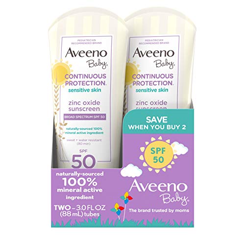 Aveeno Baby Continuous Protection Zinc Oxide Mineral Sunscreen Lotion for Sensitive Skin, Broad Spectrum SPF 50, Paraben- & Tear-Free, Sweat- & Water-Resistant, Travel-Size, 2 x 3 fl. oz Aveeno