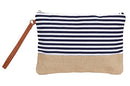 Cotton Canvas Two-Tone Cosmetic Bag Make Up Clutch Bag (10.5"W x 7.5"H, Navy Stripe (Jute Bottom)) Leisureland