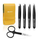 Tweezers Set, 4Pcs Eyebrows Tweezers and a Pair of Scissor with Leather Case, Great Precision for Eyebrow, Ingrown Hair, Splinter, Facial Hair Removal By HAWATOUR - Black HAWATOUR
