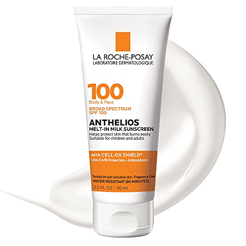 La Roche-Posay Anthelios Melt-in Milk Body & Face Sunscreen Lotion Broad Spectrum SPF 100, Oxybenzone & Octinoxate Free, Sunscreen for Kids, Adults & Sun Sensitive Skin, Unscented, 3 Fl oz La Roche-Posay