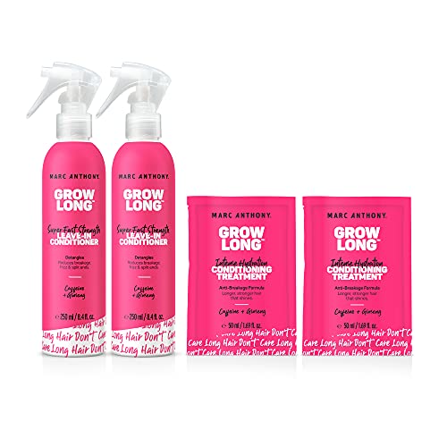Marc Anthony Grow Long Leave In Conditioner and Hair Treatment Mask Bundle - Biotin & Vitamin E Dorm Room Essentials Hair Care Gift Set for Women - 2 Leave In Conditioner Sprays, 2 Travel Hair Masks Marc Anthony Store