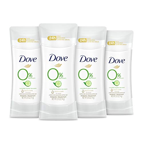 Dove 0% Aluminum Deodorant 24 Hours Odor Protection Cucumber and Green Tea with ¼ Moisturizers and 0% Alcohol 2.6 oz 4 Count Dove