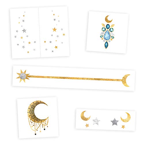 COSMIC GEMS VARIETY SET includes 25 assorted premium waterproof metallic gold & silver temporary foil party tattoos - face sparkle, face tattoo, stars, moon, festival tattoo, boho tattoo, celestial Flash Tattoos