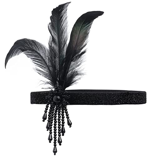 BABEYOND 1920s Flapper Headpiece Roaring 20s Great Gatsby Headband Black Feather Headband 1920s Flapper Gatsby Hair Accessories (Black) BABEYOND