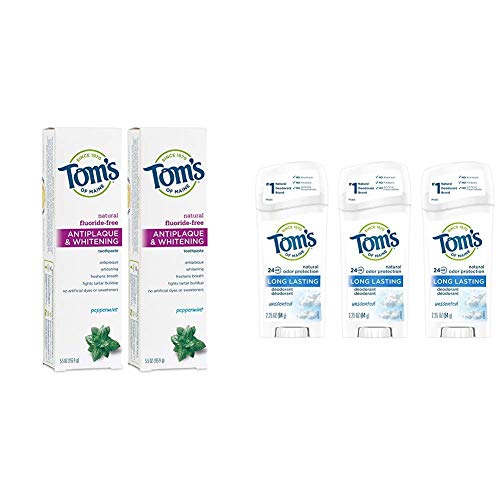 Tom's of Maine Fluoride-Free Antiplaque & Whitening Toothpaste, Whitening Toothpaste with Tom's of Maine Long Lasting Deodorant, Natural Deodorant, Deodorant, Unscented, 2.25 Ounce, Pack of Tom's of Maine