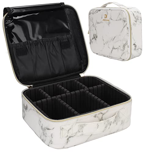Relavel Travel Makeup Train Case Makeup Cosmetic Case Organizer Portable Artist Storage Bag with Adjustable Dividers for Cosmetics Makeup Brushes Toiletry Jewelry Digital Accessories (Marble, White) Relavel