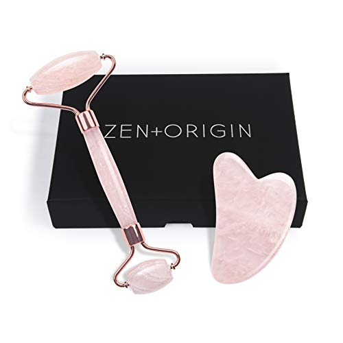 Rose Quartz Roller and Gua Sha Set, 100% Natural Rose Quartz Stone Face Roller, Anti-Wrinkle Anti-Aging Skin Care Tool, Facial Roller, Face Massager for Skin Firming and Stress Relief, Rose Gold ZEN + ORIGIN