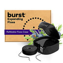 Burst Refillable Dental Floss Set with Juniper Berry Aroma, Charcoal Coating, Textured, Expanding Technology, Vegan, 12 Week Supply (32 Yards), Black Burst