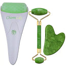 Jade & Ice Roller + Gua Sha Massager Tool Set for Face & Eyes by Charmlily, Puffiness, Reduce Wrinkle Aging, Migraine, Pain Relief on Neck & Body, Cold Facial Original Natural Stone - 3 in 1 CHARMLILY