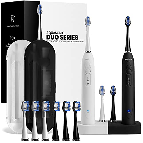 AquaSonic Duo Dual Handle Ultra Whitening 40,000 VPM Wireless Charging Electric ToothBrushes - 3 Modes with Smart Timers - 10 Dupont Brush Heads & 2 Travel Cases Included Aquasonic