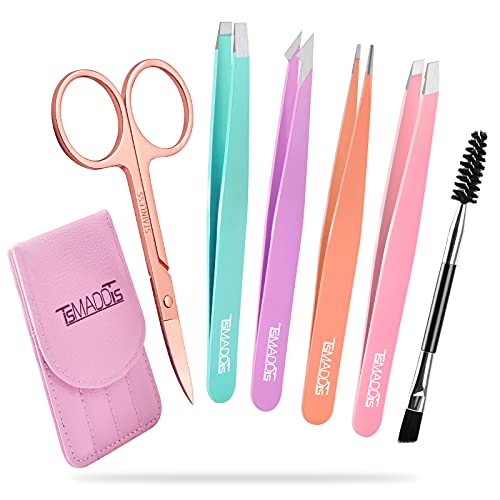 Eyebrow Tweezer Set, TsMADDTs 6 Pcs Tweezers Set for Women, Precision Tweezer for Eyebrows with Curved Scissors for Ingrown Hair, Hair Plucking Daily Beauty Tools with Leather Travel Case TsMADDTs
