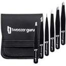 Tweezers Set 6-Piece - Tweezer Guru Stainless Steel Slant Tip and Pointed Eyebrow Tweezer Set - Great Precision for Facial Hair, Ingrown Hair, Splinter and Blackhead Remover (Black) (6-Pack) TWEEZER GURU
