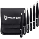 Tweezers Set 6-Piece - Tweezer Guru Stainless Steel Slant Tip and Pointed Eyebrow Tweezer Set - Great Precision for Facial Hair, Ingrown Hair, Splinter and Blackhead Remover (Black) (6-Pack) TWEEZER GURU