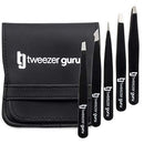Tweezers Set 5-piece - Tweezer Guru Stainless Steel Slant Tip and Pointed Eyebrow Tweezer Set - Great Precision for Facial Hair, Ingrown Hair, Splinter and Blackhead Remover (Black) (5-Pack) TWEEZER GURU