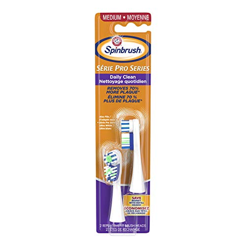 Spinbrush PRO CLEAN Refill, Medium Bristles, Includes 2 Replacement Heads for Battery Powered Toothbrushes Arm & Hammer