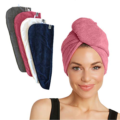 Turbie Twist Microfiber Hair Towel Wrap for Women and Men | 4 Pack | Bathroom Essential Accessories | Quick Dry Hair Turban for Drying Curly, Long & Thick Hair (Pink, Blue, Grey, White) Turbie Twist