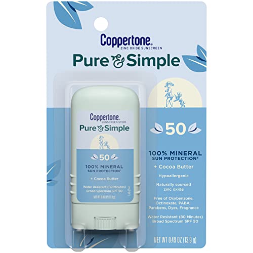 Coppertone Pure and Simple Zinc Oxide Mineral Sunscreen Stick SPF 50, Face Sunscreen Stick, Water Resistant, Broad Spectrum SPF 50 Sunscreen for Sensitive Skin, 0.49 Oz Stick Coppertone