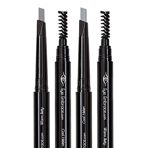 Eye Embrace Light Gray Eyebrow Pencils: Warm Betty & Cool Helen 2 Pack Bundle - Waterproof, Double-Ended Automatic Angled Tip & Spoolie Brush, Cruelty-Free Eye Embrace