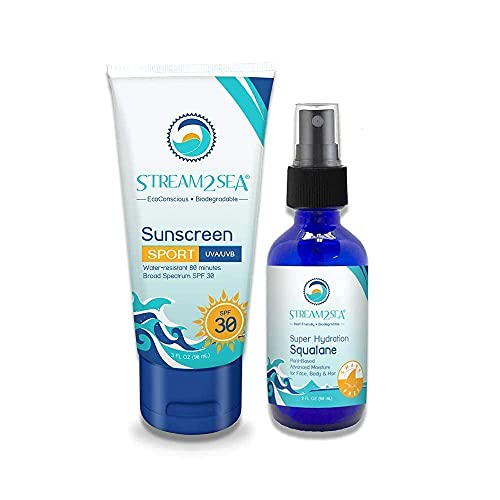 Stream2Sea SPF 30 Mineral Sunscreen & Squalane Oil for for Moisturized Skin and Hair -Boosts Collagen with Vitamin E - Natural Protection & Hydration for Skin - Reef Safe and Paraben Free STREAM 2 SEA
