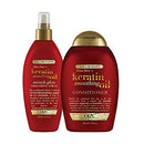 Frizz-Free + Keratin Smoothing Oil Conditioner, 5 in 1, for Frizzy Hair, Shiny Hair with Frizz-Free + Keratin Smoothing Oil Miracle Gloss Spray, 5 in 1, De-frizz Hair, Shiny Hair, Keratin, Argan Oil OGX