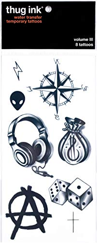 Thug Ink Temporary Tattoos - Volume III - 8 Temporary Tattoos ~ Face Tattoos ~ Money Bag, Compass, Alien Head, etc~ Thug Life ~ Fake Tattoos ~ Water-transfer Tattoos Thug Ink