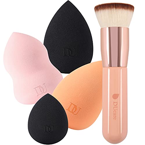 DUcare Foundation Brush with Makeup Sponges Flat Top Kabuki Brush Synthetic Professional Liquid Blending Mineral Powder Beauty Makeup Blender DUcare