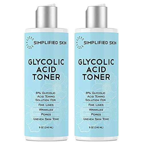 Glycolic Acid Toner 8% for Face (8 oz). Exfoliating Facial Peel for Anti-Aging & Acne. Alcohol-Free Daily Makeup Removing Toning Solution with AHA & Rosemary Extract by Simplified Skin - 2 Pack Simplified Skin