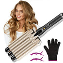 LAYADO 3 Barrel Curling Iron Hair Waver Cluer 22mm (0.86 Inch) Temperature Adjustable Three Barrel Hair Iron Hair Waver Iron Ceramic Tourmaline Triple Barrels Hair Crimper with Dual Voltage Gold LAYADO