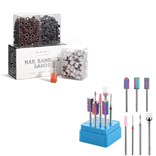 Makartt Nail Drill Bits, 7Pcs Tungsten Carbide Diamond Ceramic Nail Drill Bit Set For Acrylic Nails 3/32 Drill Bits Bundle With 300Pcs #80#150#240 Grits Nail Drill Bits Sanding Bands