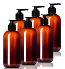 8oz Plastic Amber Bottles (6 Pack) BPA-Free Squeeze Containers with Pump Cap, Labels Included Aromine