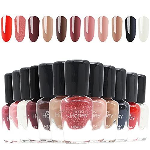 OUL'ISI Honey 12 colors Nail Polish Kit Quick Dry Nail Polish Set, DIY Nail Polish Strips,Black&White Nail Polish Water-based Top Coat Nail Polish Easy Peel-off Gift Set for Women,Kids Girls (STYLE-7) OUL'ISI