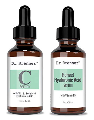 Vitamin C Serum 20% Pure L-Ascorbic Acid, Ferulic Acid, Vitamin E and HA and Hyaluronic Acid Serum with Vitamin B5 for Face and Eyes Natural Anti Aging Anti Wrinkle Set of 2 by Dr. Brenner Dr. Brenner