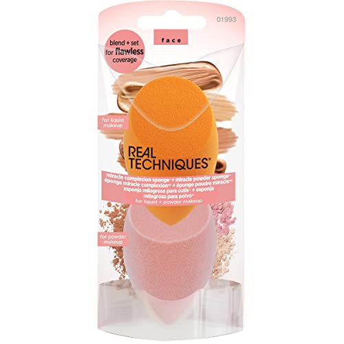 Real Techniques Beauty Makeup Blender Miracle Complexion and Makeup Power Sponge Set, For CC Cream Foundation, Orange & Pink, For Makeup Blending & Application, 2 Count Real Techniques