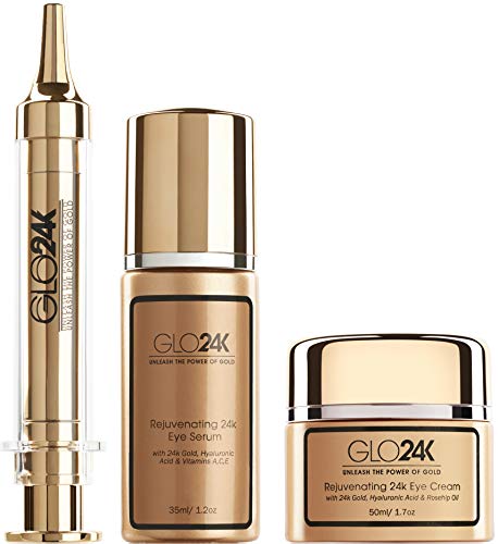 GLO24K Complete Eye Care Set with our 24k Instant Facelift Cream, Eye Cream, and Eye Serum. Formulated to Treat the Delicate Skin around the Eyes. GLO24K UNLEASH THE POWER OF GOLD